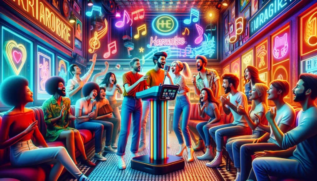 Diverse group of friends enjoying the Best Karaoke Songs at a vibrant karaoke bar, with neon lights and music-themed decor enhancing the lively atmosphere